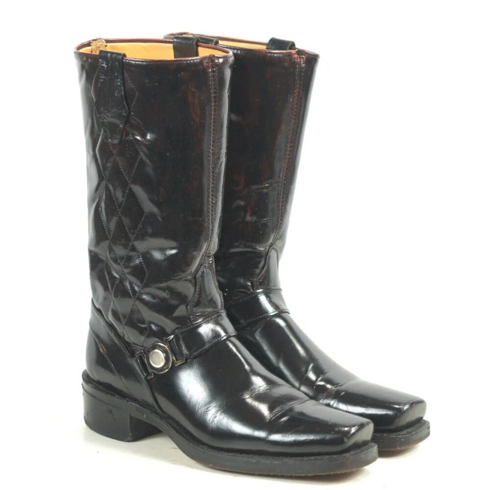 Acme Black Cherry Patent Leather Biker Quilted Boots Vintage 70s US Made Men 9 B
